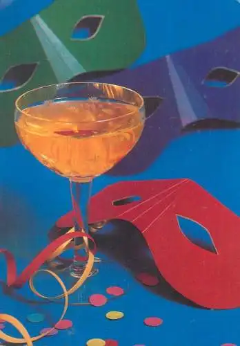 Postcard greetings card Christmas and New Year Hungary champagne glass mask