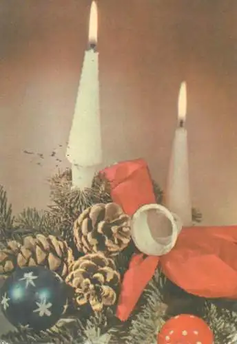 Postcard greetings card Christmas and New Year Hungary candles 1962 globe pine cone