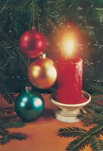 Postcard greetings card Christmas and New Year Hungary 1976 candle and globes