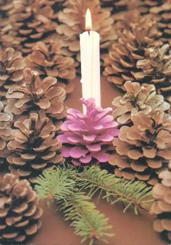 Postcard greetings card Christmas and New Year Hungary 1981 candle pine cone