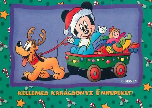 Postcard greetings card Christmas Pluto and Mickey Hungary cart