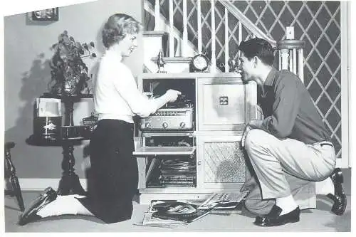 Postcard commercial advertisment couple with vinyl records