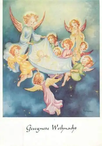 Christmas greetings angels sky high with  baby Jesus I. Schricker signed painting