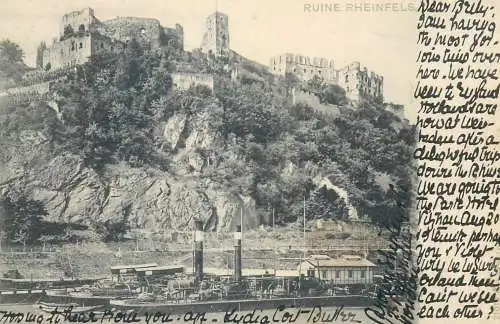 Blick zur Ruine Rheinfels, Dampfer vor Anker 1910