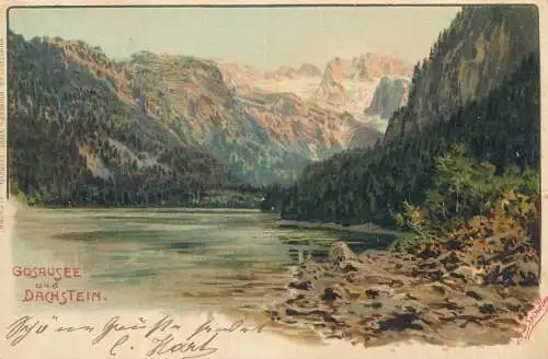 Lithographie Gosausee mit Dachstein 1906
