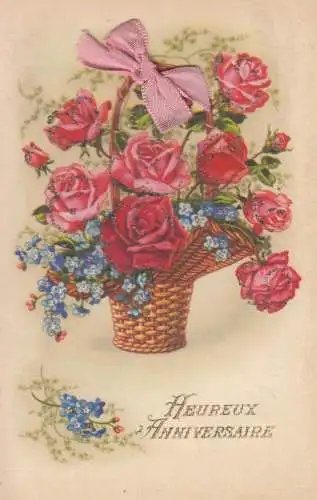 Roses flowers fantaisie fleurs material applied novelty postcard 1944 greetings