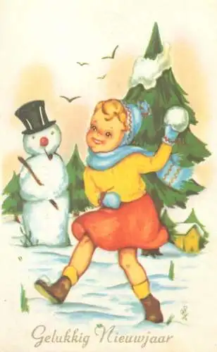 New Year drawn girl snowball fight snowman greetings Belgium