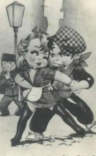Postcard illustration FORTE couple dancing romance soldier