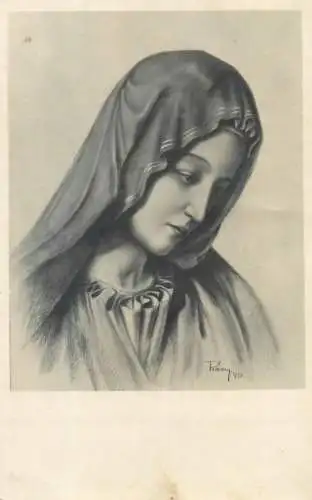 Postcard Hungary religious scene etch Virgen Mary