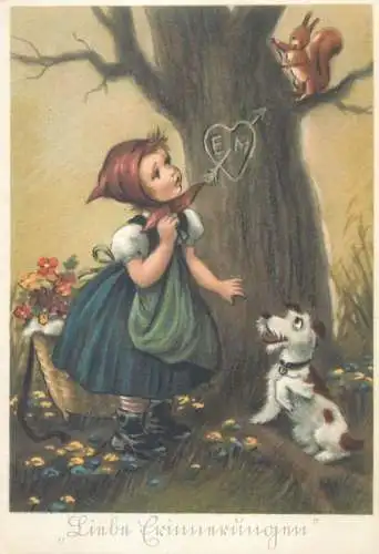 Greetings drawn girl squirrel & dog Germany