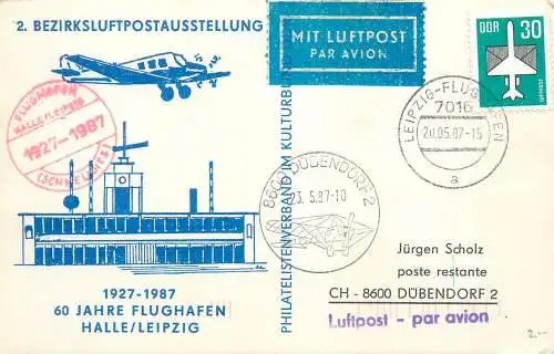 DDR 1987 Mit Luftpost Leipzig Dubendorf 60 Jahre Flughafen Halle / Leipzig