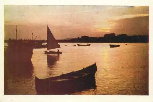Postcard Bulgaria Sunny beach sunset and sailboat