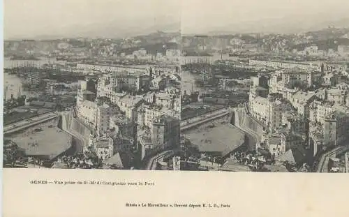 Stereographic vintage postcard Italy Genoa Mediterranee Genes aerial view