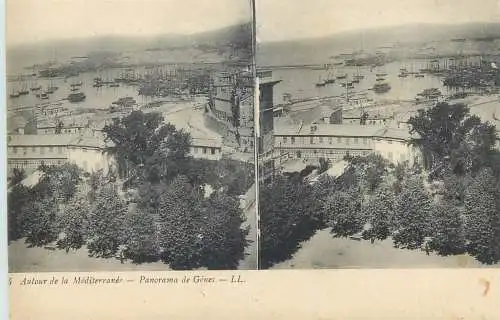 Stereographic vintage postcard Italy Genoa Mediterranee panorama de Genes