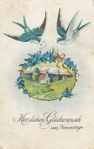 Name Day greetings drawn swallow birds floral landscape ( damaged greetings vintage postcard )