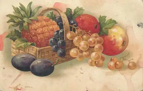Fruits still life vintage chromo postcard apple grapes pineapple plums