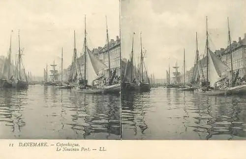 Stereographic vintage postcard Denmark Copenhagen new port and harbour sailship