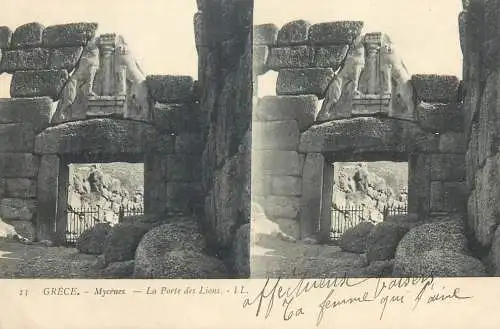 Stereographic vintage postcard Greece Mycenes la porte des lions