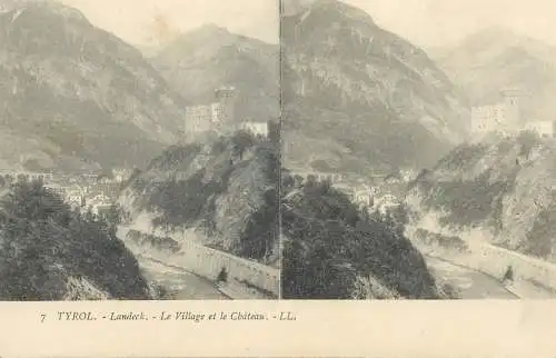 Austria Tirol stereo postcard Landeck le village et le chateau