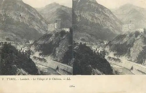 Austria Tirol stereo postcard Landeck le village et le chateau