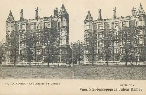 Stereographic view stereo postcard Julien Damoy LONDON Temple gardens