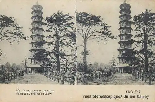 Stereographic view stereo postcard Julien Damoy LONDON Kew gardens tower