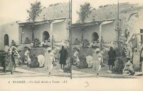 Tunisia cpa stereographique caravan ethnic market bedouin cafea arabe rifle
