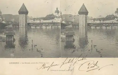 Suisse vue stereoscopique Lucerne La Reuss Pont du Lac
