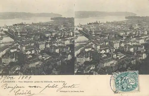 Suisse vue stereoscopique Lucerne aerial view 1904