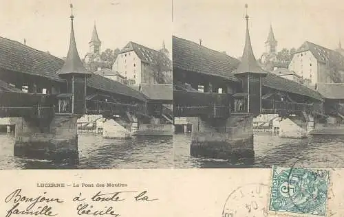 Suisse vue stereoscopique Lucerne le pont des Moulins