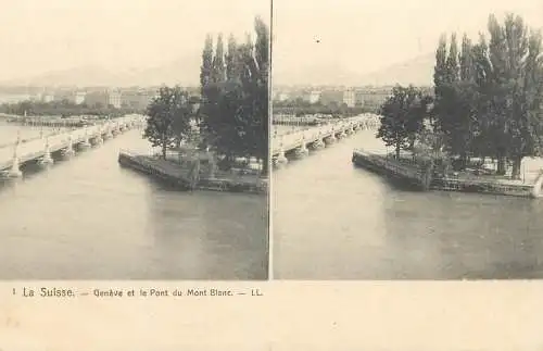 Suisse vue stereoscopique Geneve et le POnt du Mont Blanc