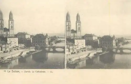 Suisse vue stereoscopique Zurich la cathedrale