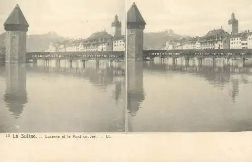 Suisse vue stereoscopique Lucerne et le pont couvert