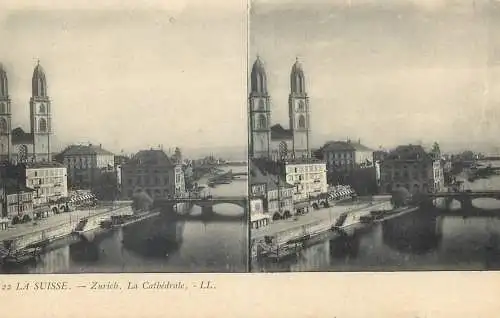 Suisse vue stereoscopique Zurich la cathedrale
