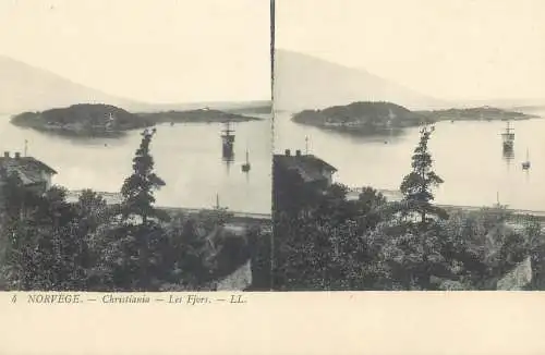 Stereographic image postcard Norway Christiania les Fjors