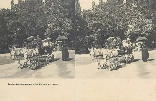 France cpa stereoscopique Paris jardin d'Acclimatation la voiture aux anes