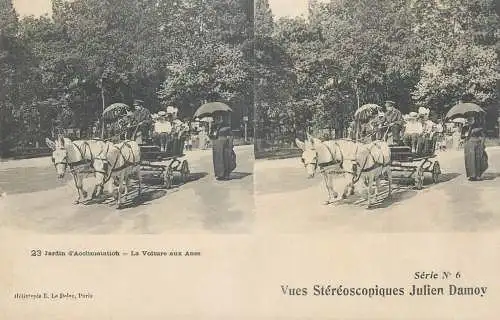 France cpa stereoscopique Paris jardin d'Acclimatation la voiture aux anes