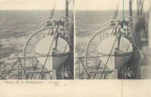 Marine française cpa vue stereoscopique sea view and laife boat