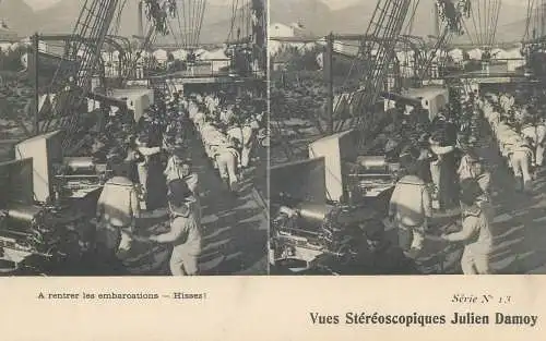 Marine française cpa vue stereoscopique a rentrer les embarcations Hissez