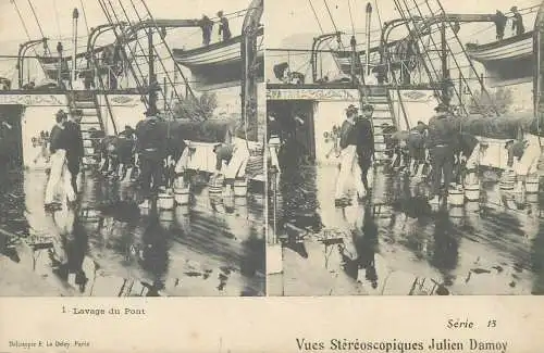 Marine française cpa vue stereoscopique lavage du pont