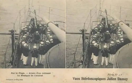 Marine française cpa vue stereoscopique a bord d'un cuirasse la musique de l'Amiral