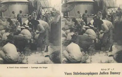 Marine française cpa vue stereoscopique a bord d'un cuirasse lavage du linge
