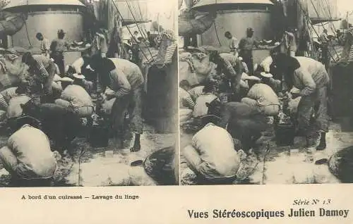 Marine française cpa vue stereoscopique a bord d'un cuirasse lavage du linge