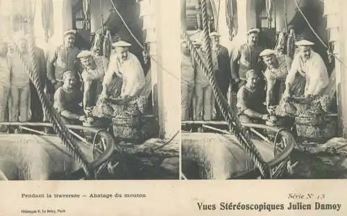 Marine française cpa vue stereoscopique pendant la traversee abatage du mouton