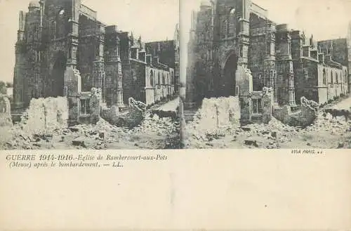Guerre 1914-1916 cpa vue stereoscopique ww1 eglise de Rambercourt aux ports Meuse apres le bombardement