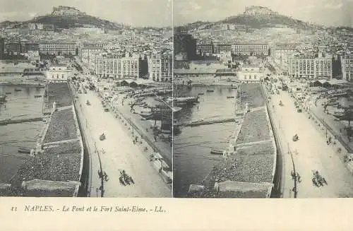 Stereographic image postcard Italy Naples le pont et le fort Saint Elme