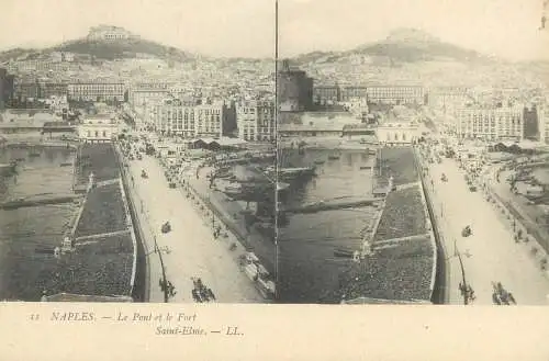 Stereographic image postcard Italy Naples le pont et le fort