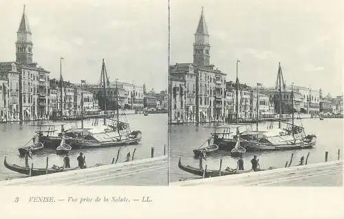 Stereographic image postcard Italy Venezia (Venice) view from church of the Salute gondola and ship