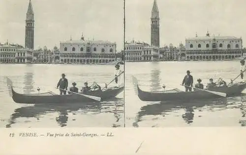 Stereographic image postcard Italy Venezia (Venice) Saint Marc and Ducal Palace gondola