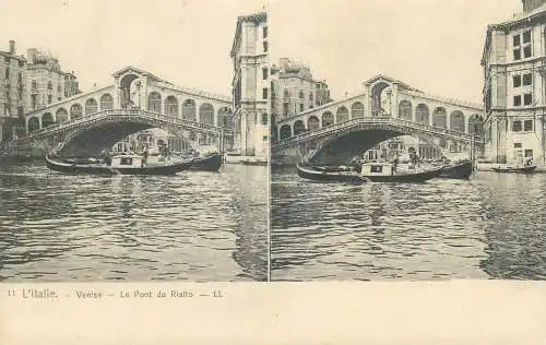 Stereographic image postcard Italy Venezia (Venice) Rialto bridge and gondola